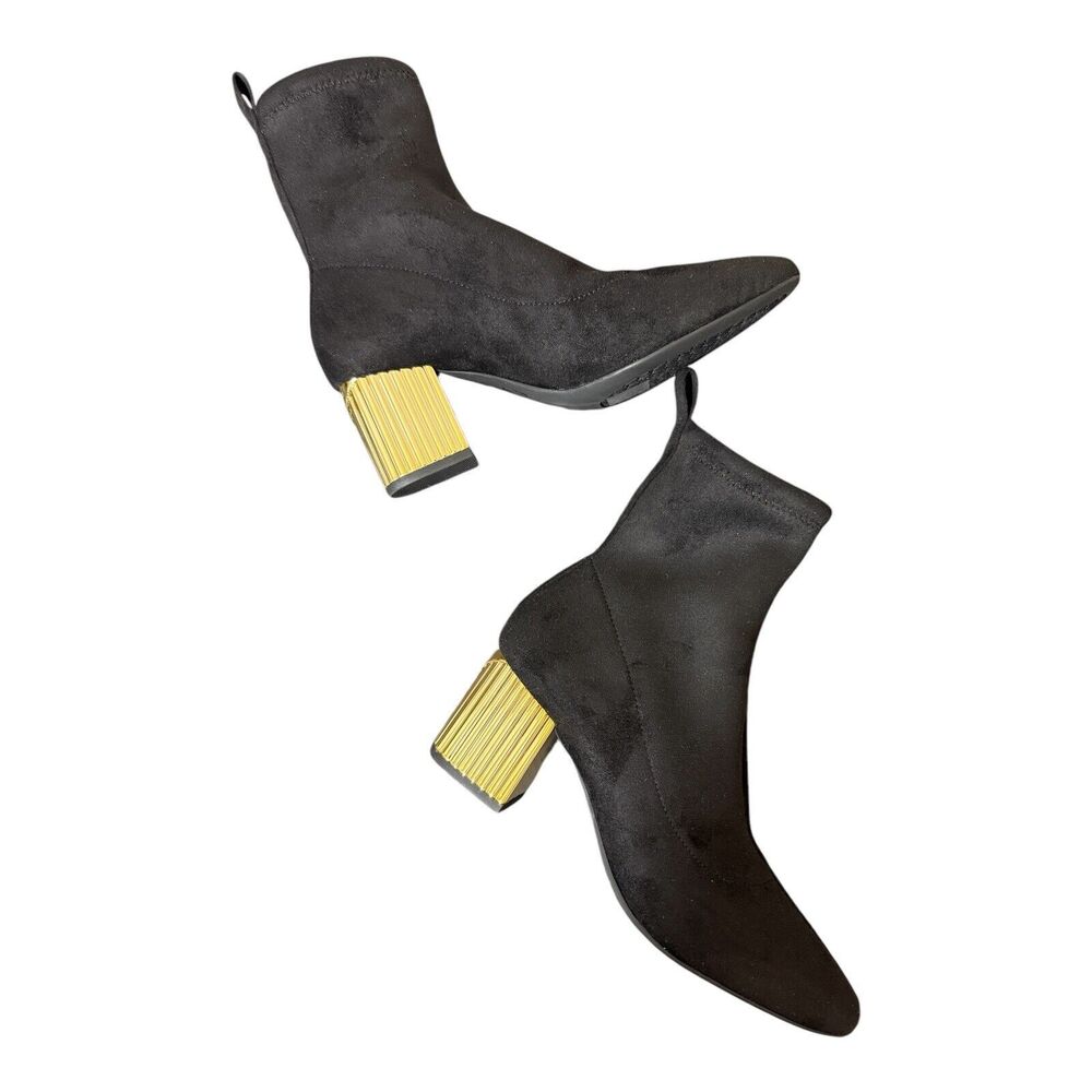 Michael Kors Porter Mid Bootie Sz 5 Black Stretch Faux Suede Gold  Heels